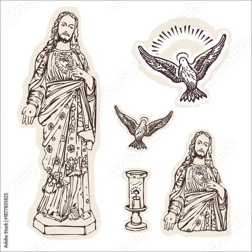 Jesus Christ Sacred heart set Catholic Bible study clip art label. Hand drawn isolated vector motif for christian religious illustration motif. Bible journaling icon for scripture faith collection