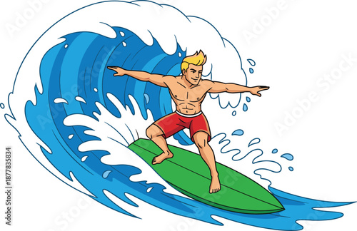 Surfer riding ocean wave on green surfboard, dynamic cartoon illustration, summer water sport adventure, isolated vector artwork for stock use