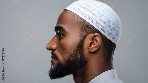 Man wearing a white cap looks to the side against a neutral background in a simple setting