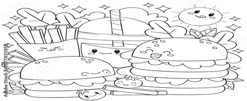 Mermaid adventure set. Hand drawn ocean elements and sea creatures. Vector cartoon line art illustration. Underwater characters collection for coloring book page or design.