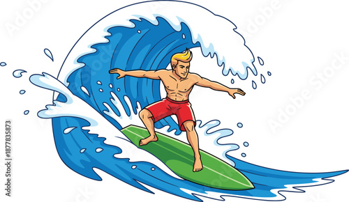 Surfer riding powerful ocean wave, green surfboard action, dynamic cartoon vector illustration, summer water sport adventure isolated white background artwork