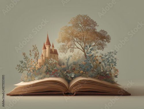 Creative fantasy illustration of open book with castle and nature, storytelling concept, imagination and dreamy watercolor art