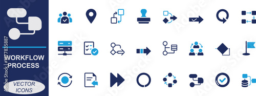Solid vector workflow process icon set with task, step, flow, chart, cycle, loop, decision, file, and data symbols. perfect for UI, apps, business, and project branding.
