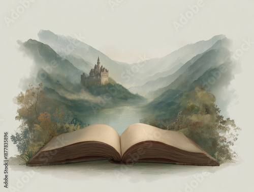 Open Book with magical landscape, castle and trees, imagination concept, storytelling and fantasy world in dreamy watercolor style
