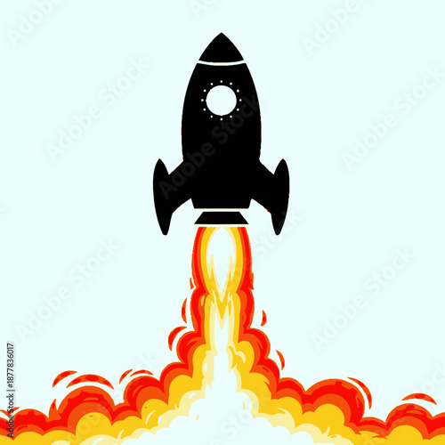 Black rocket launching with fiery exhaust against a light blue background