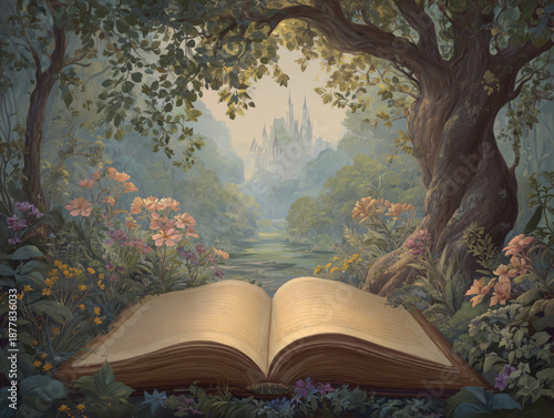 Open book of fairy tales and stories. Fairyland book in magic forest with a magical castle. Fantastic reading world. Reading and imagination concept	