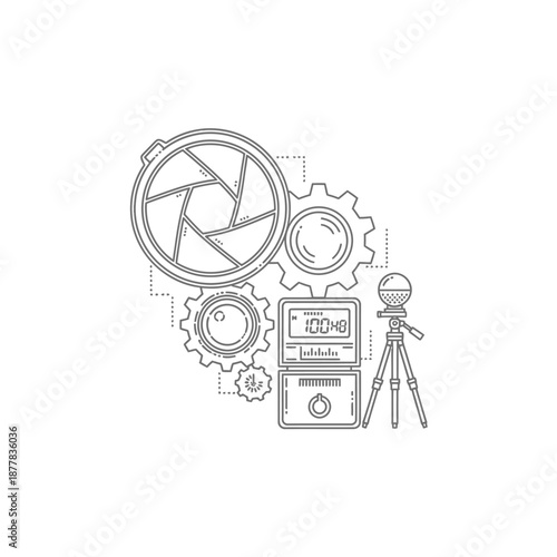 Camera Lens Gears and Tripod Illustration.