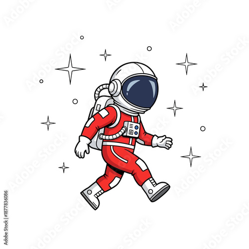 Cute cartoon astronaut walking in space with stars, white background
