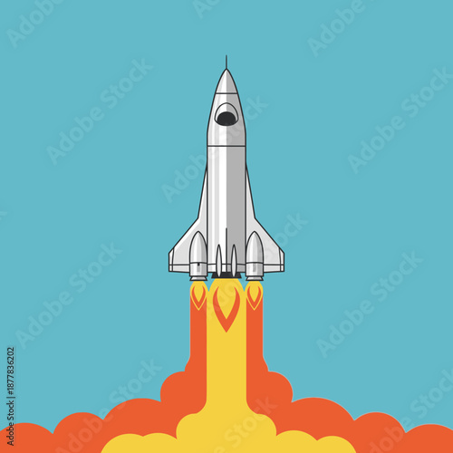 Space Shuttle Launching with Fiery Exhaust Against Blue Sky