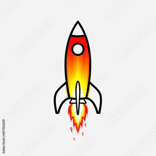 Cartoon Rocket Ship Launching with Fiery Exhaust on White Background
