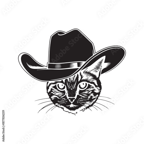 Cat wearing cowboy hat illustration in vintage woodcut style for western design
