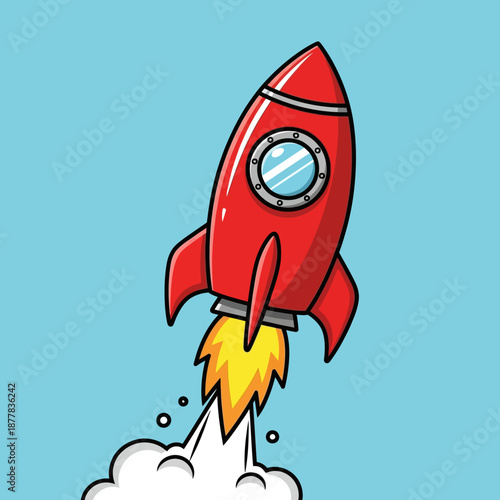 Red cartoon rocket launching into blue sky with smoke and flames