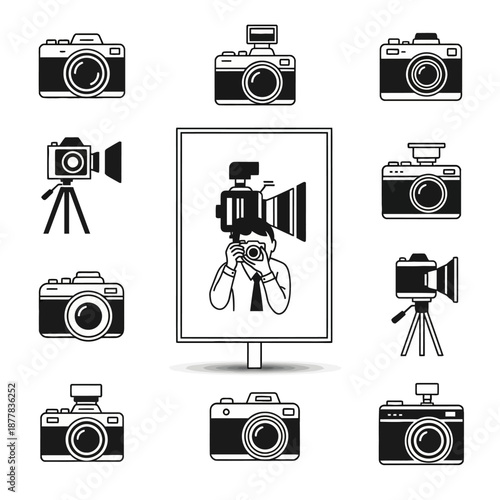 Cameras and Camera Equipment Icons Set.
