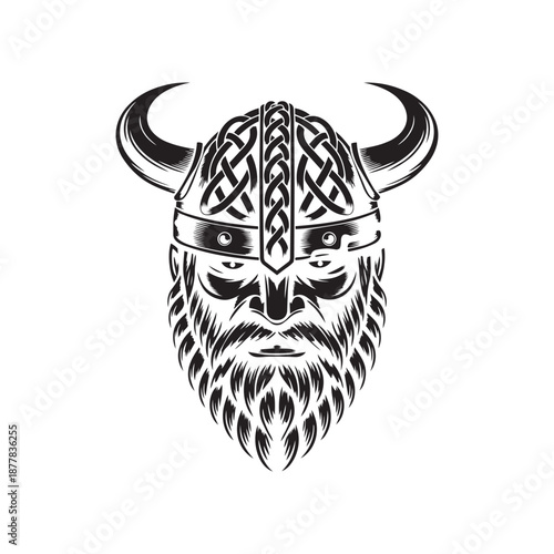 Viking warrior head wearing horn helmet with celtic pattern and bearded face