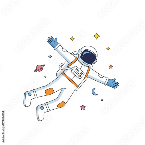 Astronaut Floating In Space Surrounded By Stars, Planets, And Moon