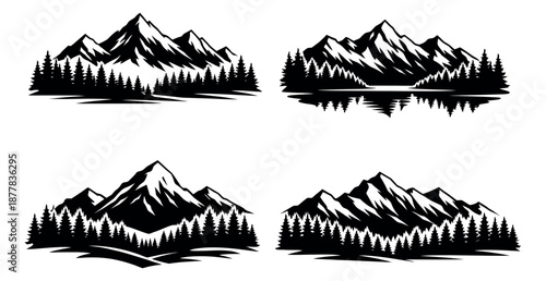 Stylized graphic mountain landscape set featuring pine forests and lakes with reflections for outdoor adventure designs