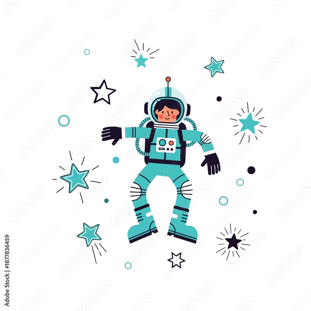 Naklejka premium Cute astronaut floating in space with stars and planets, cartoon illustration
