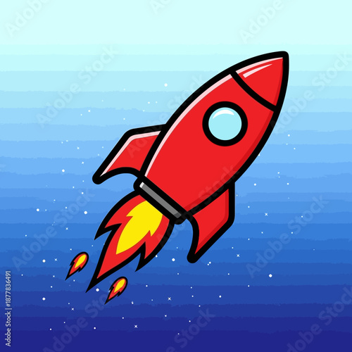 Red cartoon rocket launching into starry blue sky, space exploration concept