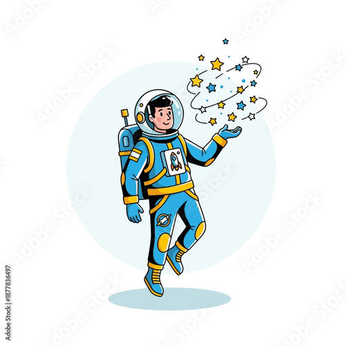 Astronaut creating stars with hand, space exploration, science fiction illustration