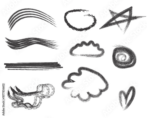 Collection of abstract shapes and lines in black and white