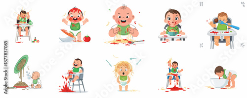 Set of funny vector illustrations showing babies and toddlers making a huge mess while eating spaghetti, pasta, and tomato sauce in high chairs.