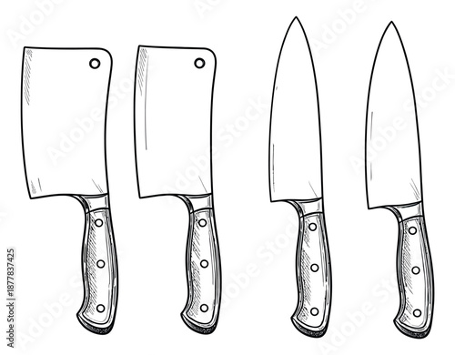 Hand drawn line art kitchen knives set featuring cleavers and chef knives for cooking