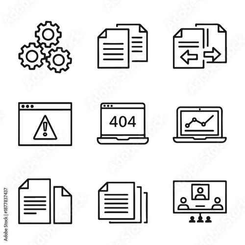 Data processing Icons: Minimalist line art icons depicting various aspects of data processing, ranging from gears and files to error messages and data analysis.