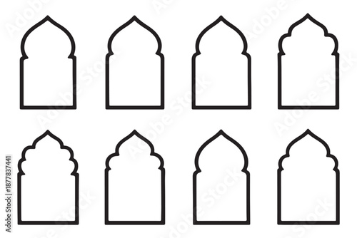 Old traditional islamic window shape set in oriental style. Black silhouette eid mubarak decorative frames, mosque borders, ramadan gates or arches. Arabic muslim bagdes, architecture design elements 