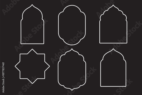 Old traditional islamic window shape set in oriental style. Black silhouette eid mubarak decorative frames, mosque borders, ramadan gates or arches. Arabic muslim bagdes, architecture design elements 