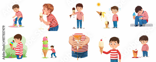 Cute cartoon boy eating and dropping ice cream cones set. Messy fun, sad accidents, and summer sweets isolated illustrations.