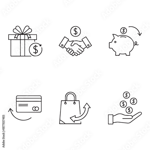 Financial transaction icon: A collection of concise icons depicting key aspects of financial transactions, including gifts, handshakes, piggy banks, credit cards, shopping bags, and money-handling.