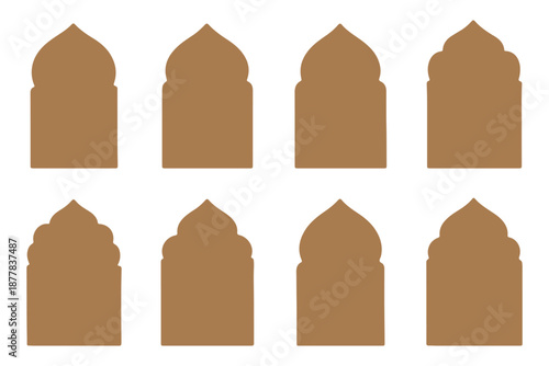 Old mosque windows shape in oriental style. Islamic door set, flat arabic frames or arabian arches silhouette. Muslim architecture geometric design elements, moroccan minimal arcs. Ramadan kareem gate