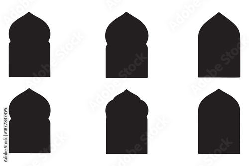 Old mosque windows shape in oriental style. Islamic door set, flat arabic frames or arabian arches silhouette. Muslim architecture geometric design elements, moroccan minimal arcs. Ramadan kareem gate