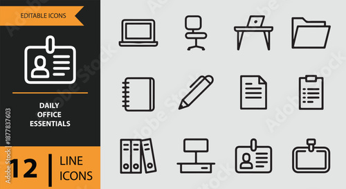 A collection of 12 editable line icons representing daily office essentials and work items