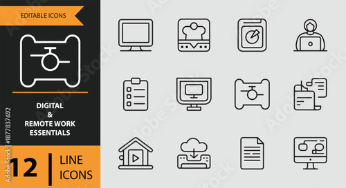 Digital and remote work essentials line icons collection for modern productivity