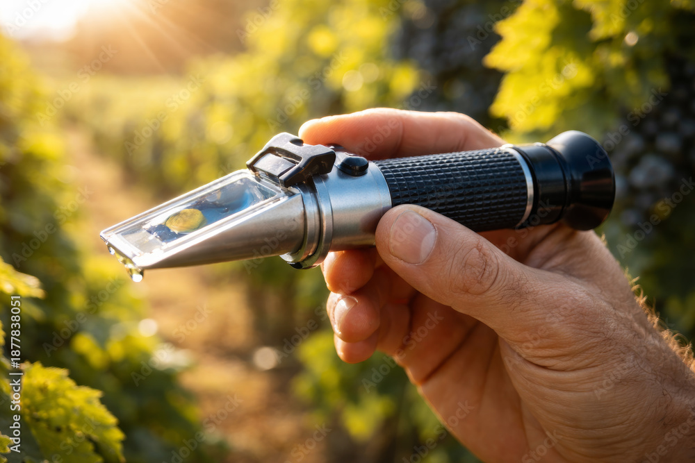 Obraz premium Hand holding a refractometer in vineyard setting during sunset