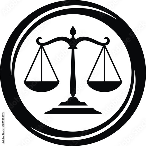 Black and white scales of justice symbol inside a circle