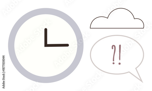 Time management, decision-making, uncertainty, problem solving, productivity, organization. A clock, cloud and speech bubble with punctuation. Time management and decision-making