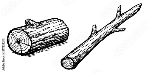 Hand drawn line art wood elements set featuring a cut log and a tree branch for natural and outdoor designs