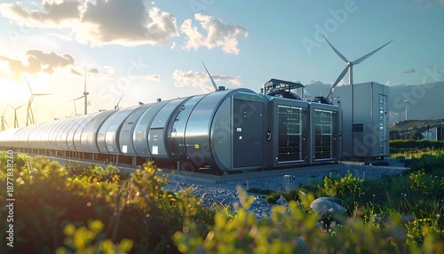 Sustainable Energy Hub: A modern energy storage facility harmonizes with the environment, surrounded by wind turbines and the promise of renewable power.