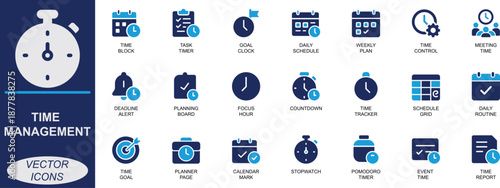 Daily Routine and Productivity Optimization Icon Set with clock, planner, reminder, schedule, timer, deadline, and focus tools. Perfect for apps, UI, productivity, and business use.