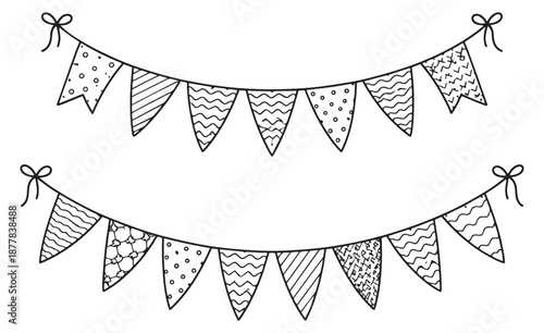 Hand drawn line art bunting flags set featuring various patterned pennants and decorative bows for party and celebration decoration