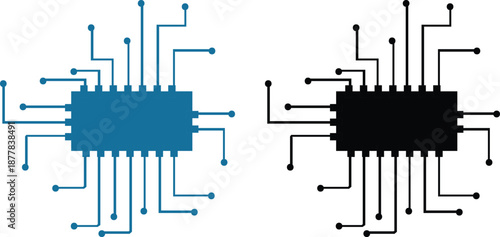 Artificial Intelligence and Circuit Icon set. AI Brain, Microchip, Digital Technology Symbols. Cognitive augmentation brain icon with human and circuit hemispheres.