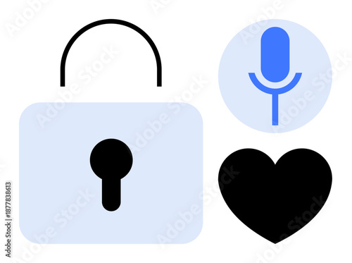 Digital privacy, online security, data encryption, voice recognition, social connection, personal information safety. Features a lock, microphone and heart. Digital privacy and online security