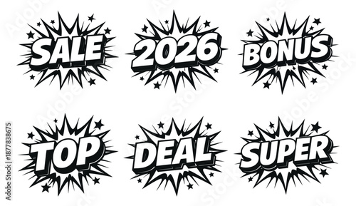 Monochrome comic style label set featuring promotional text and the year 2026 for marketing campaigns