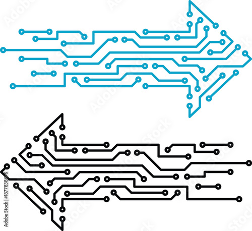Artificial Intelligence and Circuit Icon set. AI Brain, Microchip, Digital Technology Symbols. Cognitive augmentation brain icon with human and circuit hemispheres.