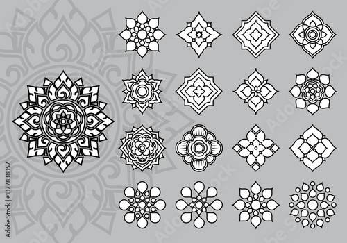 tradition geometric pattern icon symbol for decoration outline element vector set thai vintage style