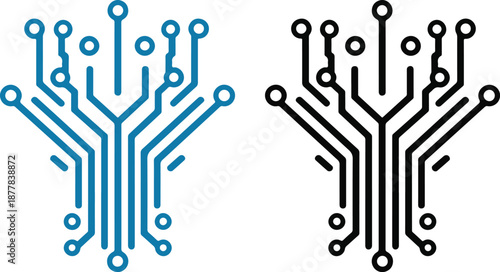 Artificial Intelligence and Circuit Icon set. AI Brain, Microchip, Digital Technology Symbols. Cognitive augmentation brain icon with human and circuit hemispheres.