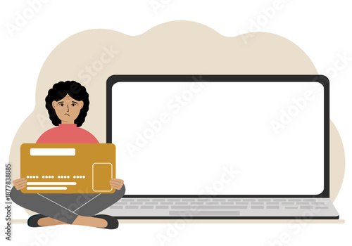 A woman sits cross-legged and holds a large plastic card. Next to the woman is a large laptop with space for text.