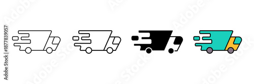 Set of minimalist speed delivery truck icons with transparent background, depicting fast shipping symbols, express logistic services, and quick transport for e-commerce, vector illustration